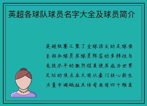 英超各球队球员名字大全及球员简介